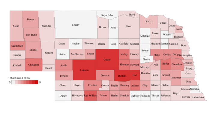Map of Nebraska with red shading in counties with Fellows